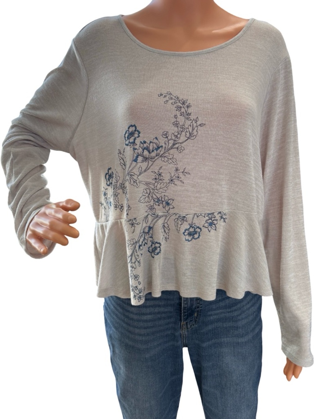 LC Lauren Conrad Light Gray Floral Peplum Knit Top with Navy Print